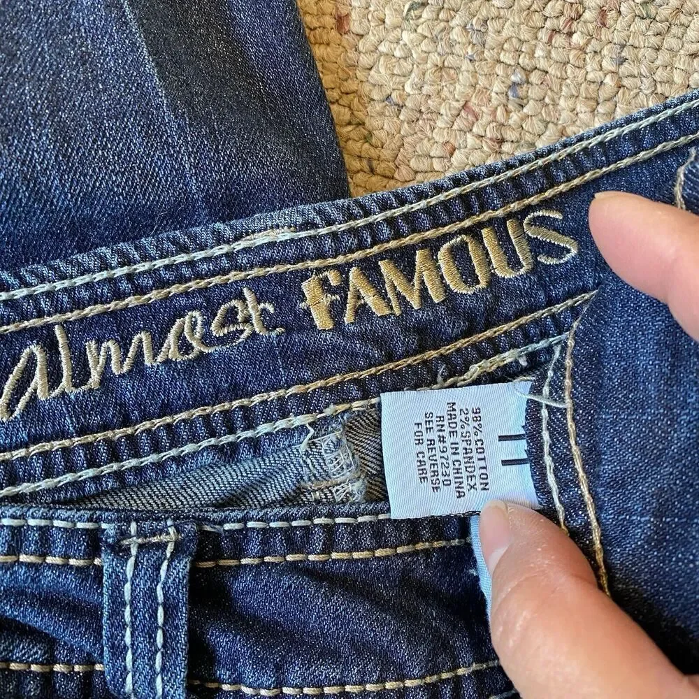 Almost Famous Jeans Women Sz 11 Stretch Distressed Blue Low Rise Cuffed Hem